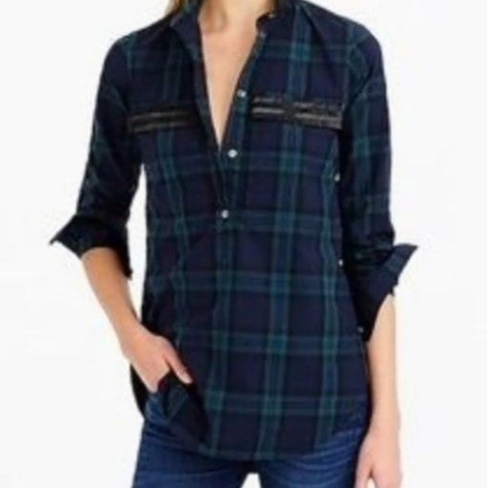 J CREW Black Watch Beaded Trim Button Down top size 6